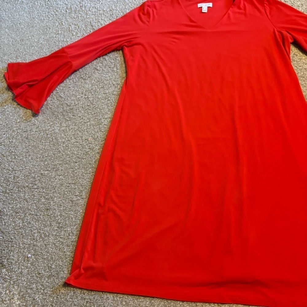 Susan Graver Vibrant Red Flared Sleeve Dress Bell Sleeve Large V-neck - Picture 3 of 5